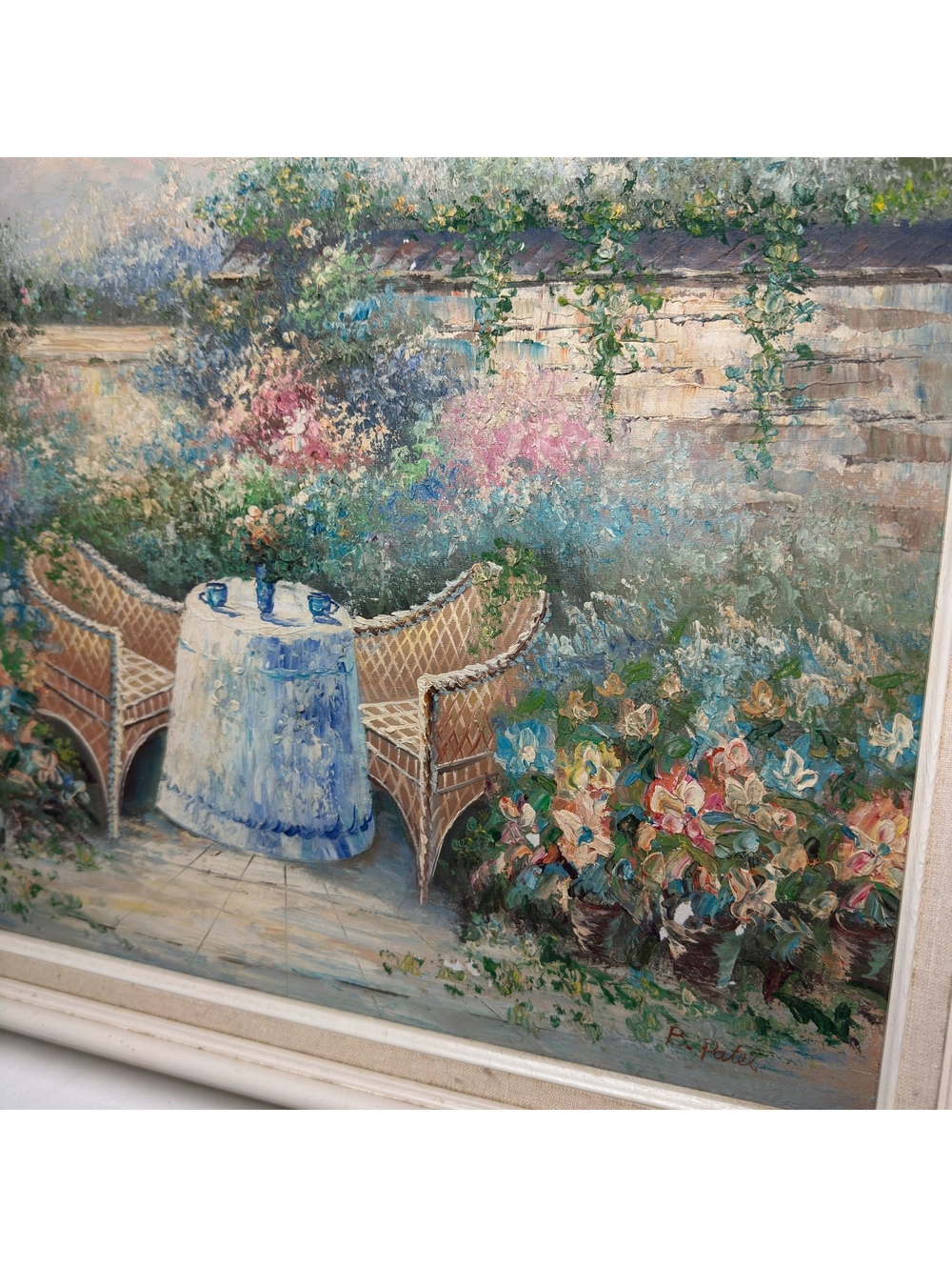 Vintage Oil Painting Floral Garden Patio Signed B. Patel Framed 24 x 20 - Picture 3 of 11